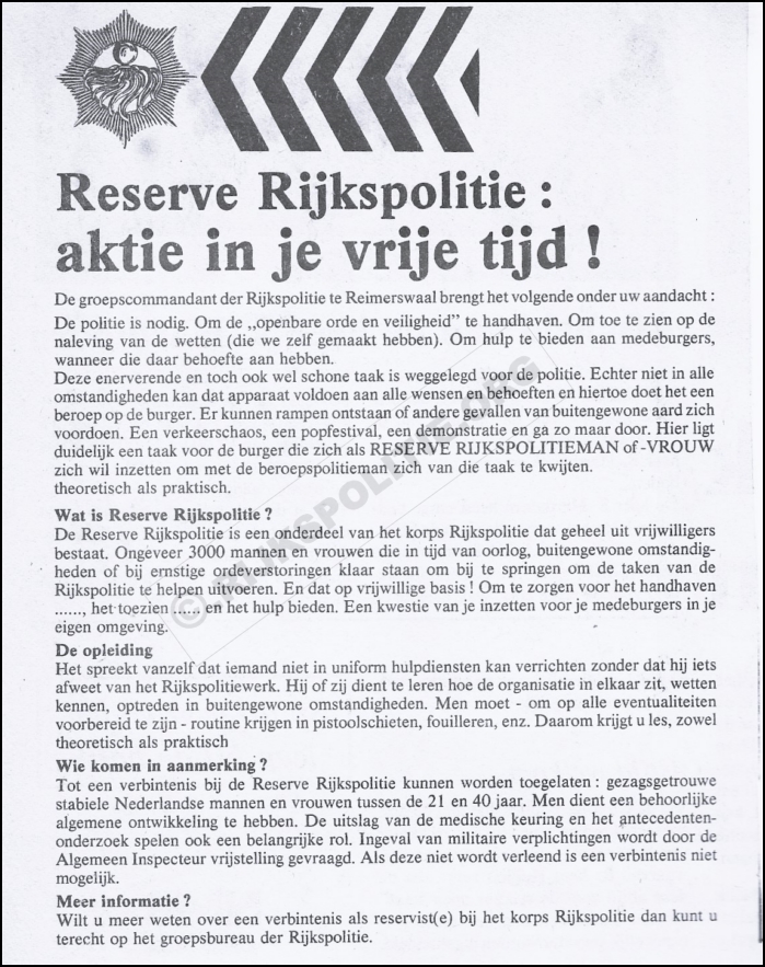 RSVP Werving Reserve Rijkspolitie advertentie in plaatselijk blad  bw(WM) (7V)